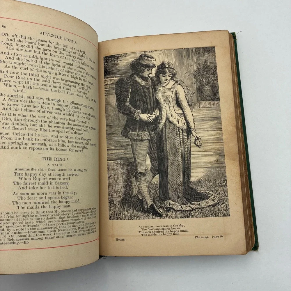 The Poetical Works of Thomas Moore Antique Illustrated Green Gilt Hardcover Book